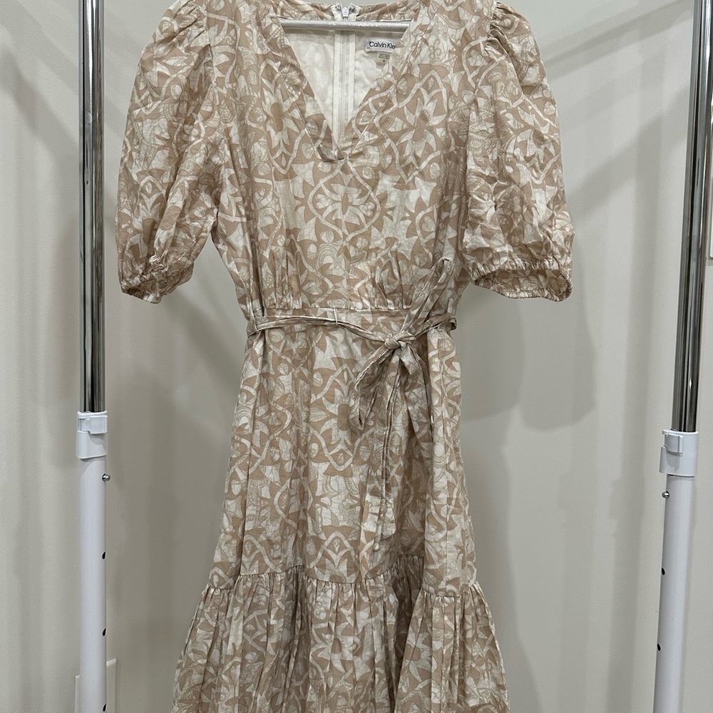 Calvin Klein Beige Printed Puff-Sleeve Wrap Midi Dress